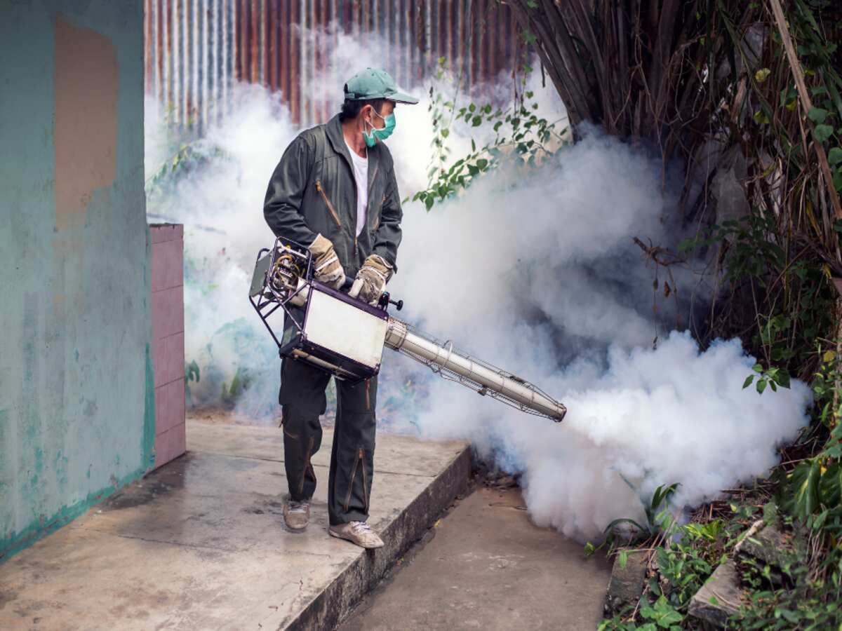 man fogging mosquito besides plastic sheets